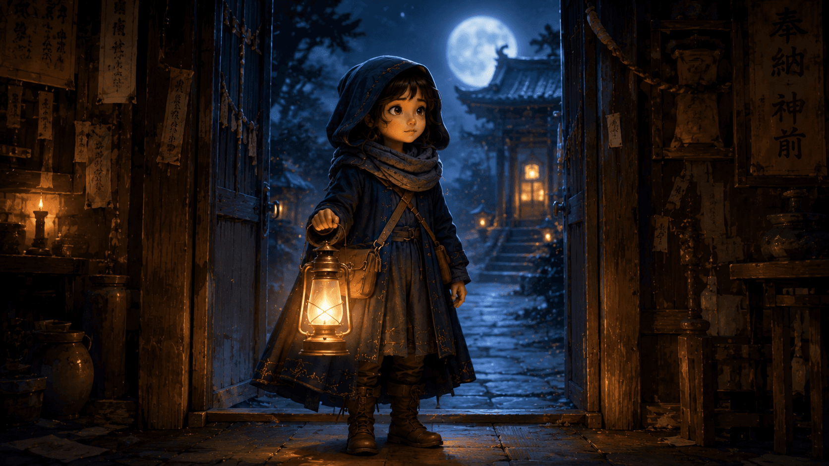 Luma in a blue hooded cloak holds a glowing brass lantern above a moonlit harbor village dense with paper lights.